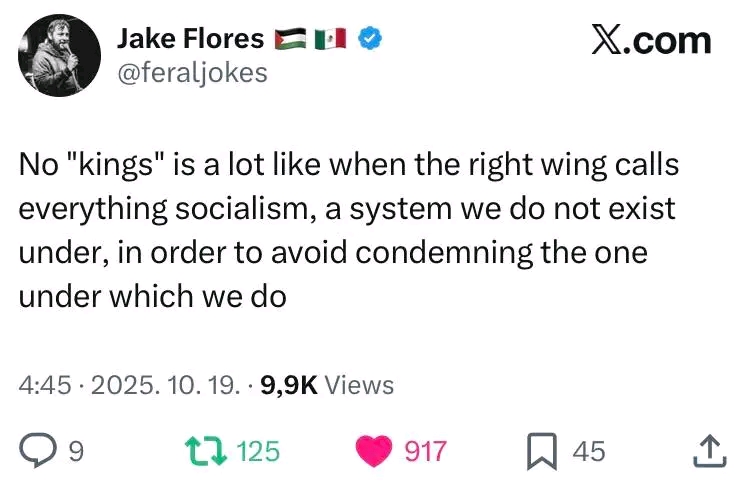 The meme is a screenshot of a tweet from a user named @feraljokes, which criticizes the idea of "kings" in a system that is supposed to be a perfect system. The tweet says: "No 'kings' is a lot like when the right win...