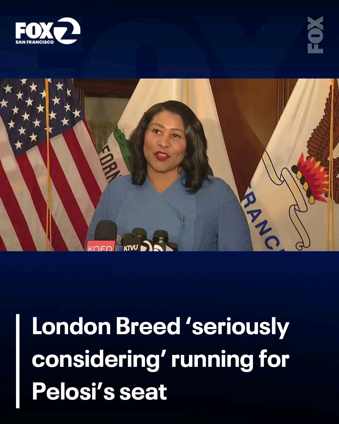 This meme is a satirical image of San Francisco's former mayor, London Breed, expressing her "serious" consideration to run for Nancy Pelosi's House of Representatives seat. The image shows a photo of London Breed wit...
