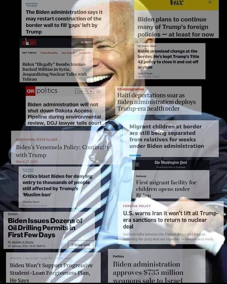 The meme is a screenshot of a news aggregator website, with a large image of Joe Biden's face overlayed on top of it. The image is a photo of Biden laughing or smiling, and the text overlay on top of the image reads "Biden laughs at his own scandals".