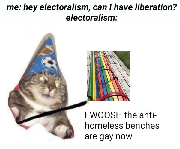 This meme is a humorous take on the concept of electoralism, a form of politics that emphasizes the importance of electoral politics and the electoral process. The image features a cat wearing a party hat and holding a sign that says "FWSH the anti-homeless benches are gay now". The text is a play on words, using a common internet slang term ("FWSH" is a typo of "FWIW", which is an abbreviation for "for what it's worth") to make a joke about the anti-homeless benches being "gay" (i.e. being a joke about the word "gay" being used in a non-ironic way).