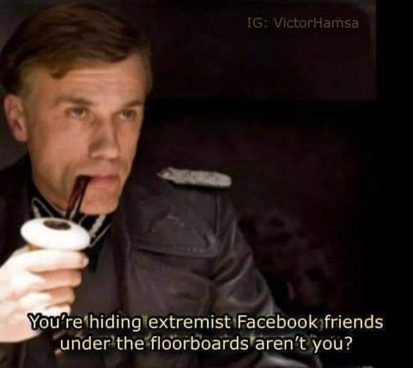 This meme features a still image of a character from the 2014 film "Inglourious Basterds," specifically the character Colonel Hans Luder, played by actor Christian . The text overlayed on the image reads: "You're hiding extremist Facebook friends under the floorboards aren't you?"