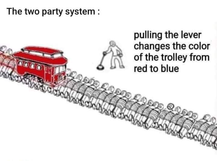 This meme is a play on the concept of a "red flag" or a warning sign. The image depicts a red trolley (a type of public transportation) and a blue trolley (not shown), with a person holding a red flag (a warning sign) to indicate the red trolley is about to run over the blue trolley. The text at the top reads "The two party system" and the text at the bottom reads "The lever is the color of the trolley from the beginning".