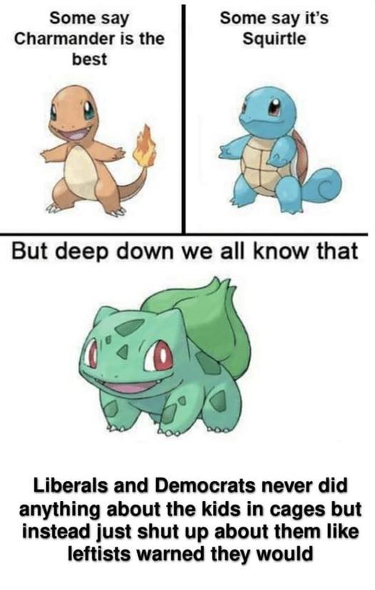 This meme is a humorous comparison between two Pokémon, Charmander and Squirtle, with a sarcastic comment about the current state of politics. The text "Some say Charmander is the best, some say Squirtle" is followed by a dismissive comment "But deep down we all know that" and a quote that implies a lack of trust in the current state of politics, specifically mentioning that "Liberals and Democrats never did anything about the kids in cages but instead just shut up about them like leftists warned they would."