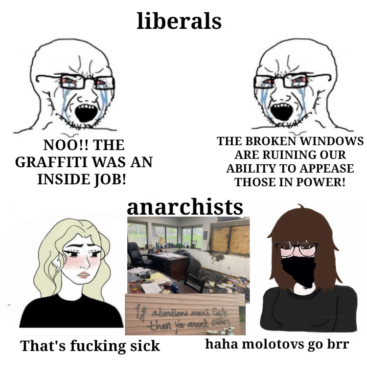 This meme is a humorous comparison between two groups: liberals and anarchists. It shows a liberal crying because a graffiti artist is getting in trouble, while an anarchist is laughing at the situation, saying "that's just the way the cookie crumbles".
