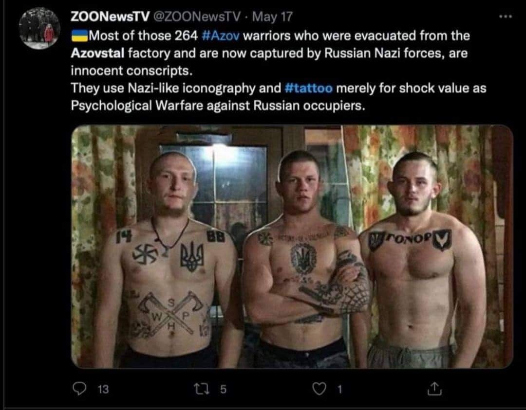 This meme is a screenshot of a tweet that appears to be a photo of three young men, likely Ukrainian soldiers, who have been captured by Russian forces. The text above the photo reads "Innocent conscripts" and is followed by a sarcastic comment about the "innocent" nature of the men, implying that they are actually members of the Azov Battalion, a Ukrainian nationalist militia known for its far-right ideology. The tweet is likely meant to be ironic or sarcastic, poking fun at the idea that these men are "innocent" when they are likely to have been involved in the conflict in some way.
