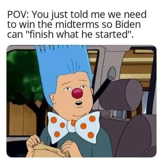 The meme features a cartoon character with a shocked expression, accompanied by the text "POV: You just told me we need to win the midterms so Biden can 'finish what he started'". The image is likely a screenshot from a TV show or movie, and the character's reaction is exaggerated and comical. The meme is poking fun at the idea that winning the midterms is crucial for President Biden to achieve his goals, implying that the character is surprised or skeptical about this expectation.
