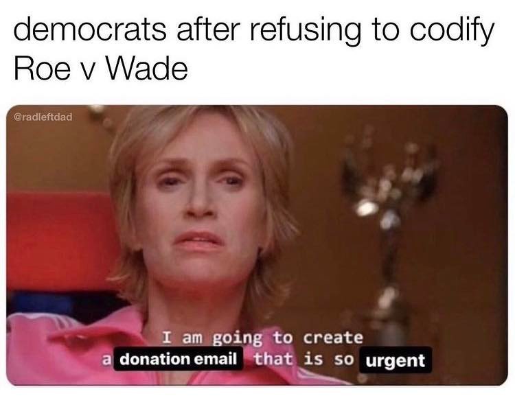 The meme is a screenshot from the TV show "Glee" featuring Jane Lynch as Sue Sylvester. The image shows her with a serious expression and the text "I am going to create a donation email that is so urgent" overlaid on top. The meme is captioned "democrats after refusing to codify Roe v Wade" and implies that the Democrats are so desperate to protect their stance on abortion that they are willing to create a sense of urgency around their fundraising efforts.