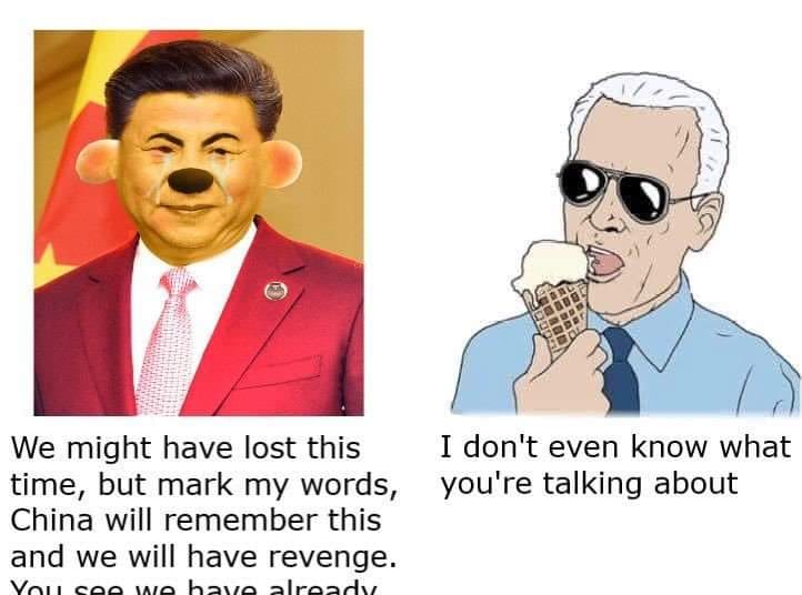 The meme features a photo of a Chinese leader (presumably Xi Jinping) with a cartoonish, monkey-like face, implying a mocking or satirical tone. The text accompanying the image reads: "We might have lost this time, but mark my words, China will remember this and we will have revenge. You see we have already..." The meme is likely referencing a recent event or controversy, and the tone is playful and sarcastic, with a hint of irony.
