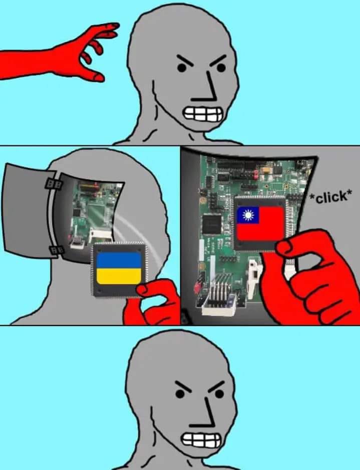 This meme is a humorous commentary on the current state of Ukraine's conflict with Russia. The image depicts a person with a computer screen on their head, with the screen showing a map of Ukraine and a Russian flag. The text "I can see Russia from my house" is written above the map, a reference to a 2010 U.S. Senate speech by Alaska's Senator Lisa Murkow that was intended to be humorous and has been used to mock the idea of being able to see Russia from Alaska.