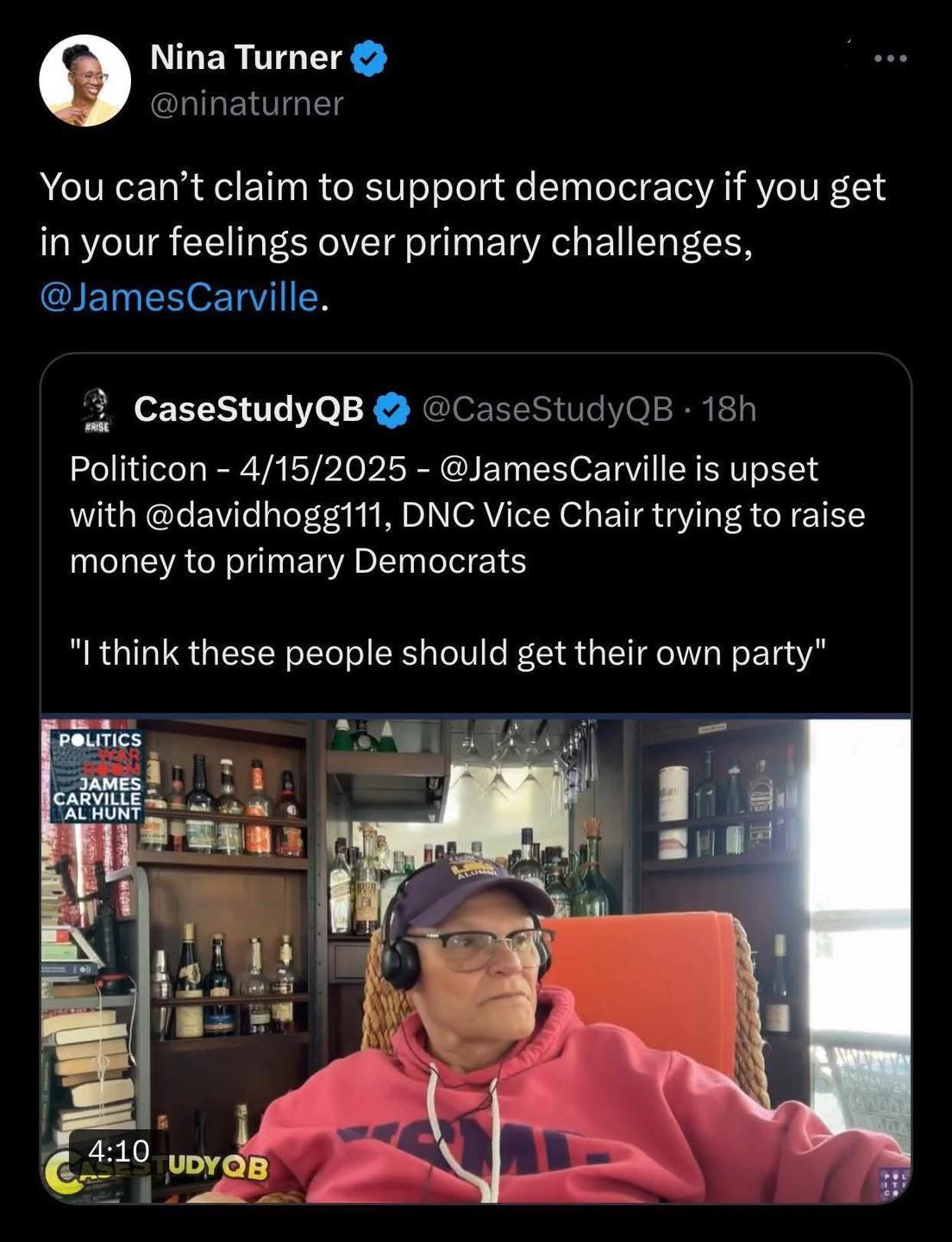 The meme is a screenshot of a tweet from Nina Turner, a former U.S. Senator, criticizing James Carville, a Democratic strategist, for his comments on primary challenges. The tweet includes a video of Carville saying, "I think these people should get their own party." The meme is meant to be humorous and critical of Carville's views.