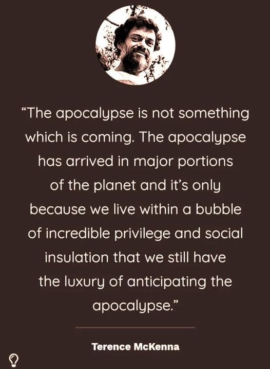 This image is a meme that features a quote from Terence McKenna, an American author and philosopher. The quote states, "The apocalypse is not something which is coming. The apocalypse has arrived in major portions of the planet and it's only because we live within a bubble of incredible privilege and social insulation that we still have the luxury of anticipating the apocalypse." The quote is presented in white text on a dark brown background, with a circular photo of Terence McKenna above it. The image is intended to be humorous and thought-provoking, as it challenges the idea of an imminent apocalyptic event and instead suggests that it has already arrived in some parts of the world. The image is likely to be shared on social media or other online platforms to spark discussion and debate.