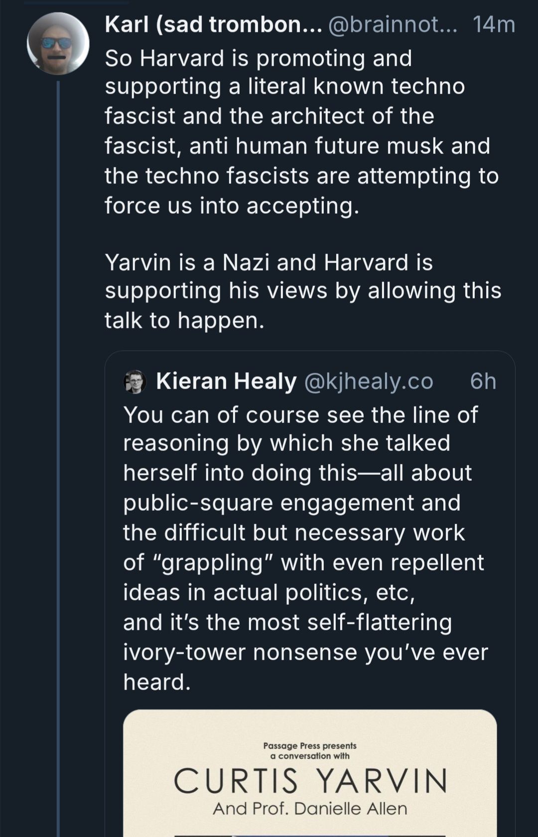 The meme is a screenshot of a Twitter conversation between two users. The first user, Karl, is responding to a tweet from Kieran Healy, a professor and author, who is discussing a conversation with a former professor of his, who was a Nazi, and his views on the topic of the professor's views on the Nazi.