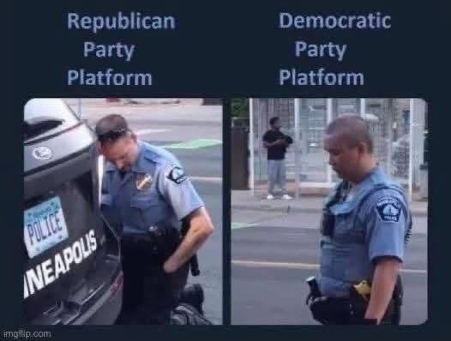 The meme is a comparison between the Republican and Democratic parties' approaches to law enforcement. It features two images of a police officer, one with the words "Republican Party Platform" above it and the other with "Democratic Party Platform" above it. The first image shows the officer struggling to get a boot off his foot, while the second image shows the same officer easily removing his boot. The text above the images reads: "Republican Party Platform: Cops can't even get a boot off their own foot. Democratic Party Platform: Cops can't even get a boot off their own foot."