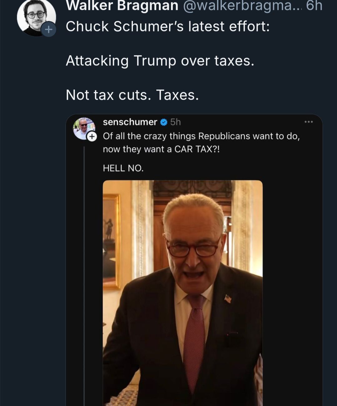 This meme is a screenshot of a tweet by Chuck Schumer, the US Senator from New York. The tweet features a photo of Schumer with a comically exaggerated expression of anger or frustration. The text above the photo reads: "Of all the crazy things Republicans want to do, now they want a CAR TAX?!" The tweet is accompanied by a photo of Schumer with a comically exaggerated expression of anger or frustration. The text above the photo reads: "Of all the crazy things Republicans want to do, now they want a CAR TAX?!" The tweet is accompanied by a photo of a comically exaggerated expression of anger or frustration.