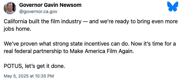 The meme is a tweet from California Governor Gavin Newsom, referencing the film industry's return to California. He claims that California's film industry is back, and he's ready to bring more jobs to the state. He also references a quote from former President Donald Trump, "Make America Film Again," and adds "POTUS, let's get it done."