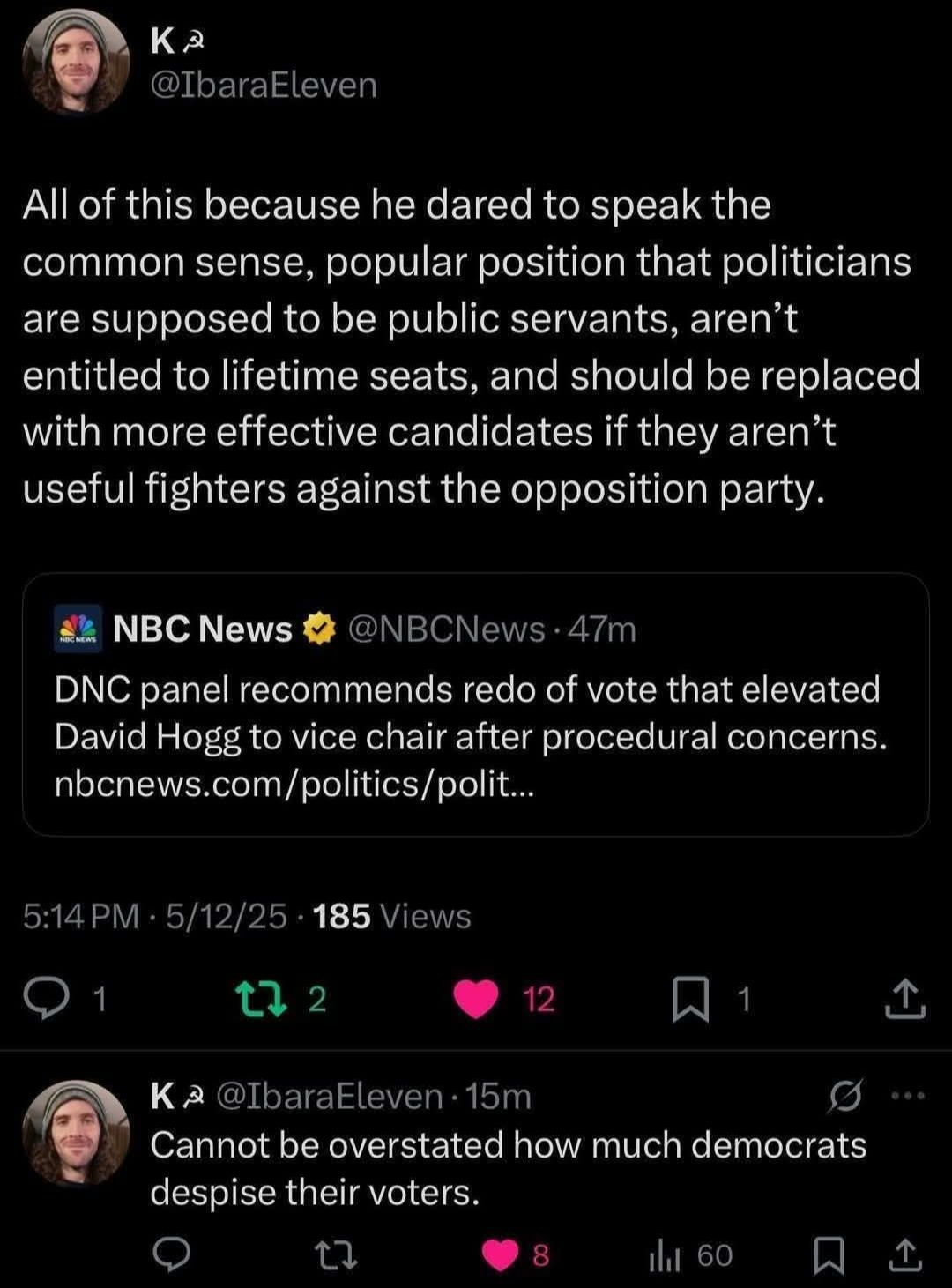 The meme is a tweet that pokes fun at the idea of a politician's statement being so ridiculous that it's almost like they're trying to be a villain in a movie. The tweet says, "All of this because he dared to speak the common sense, popular position that politicians are supposed to be public servants, not entitled to lifetime seats, and should be replaced with more effective candidates if they're not useful fighters against the opposition party." The tweet is responding to a news article that was likely a response to a statement made by a politician. The tone of the tweet is that of someone who is frustrated with the idea that a politician is trying to be a villain in a movie. The tweet is also a bit sarcastic and is likely meant to be humorous.