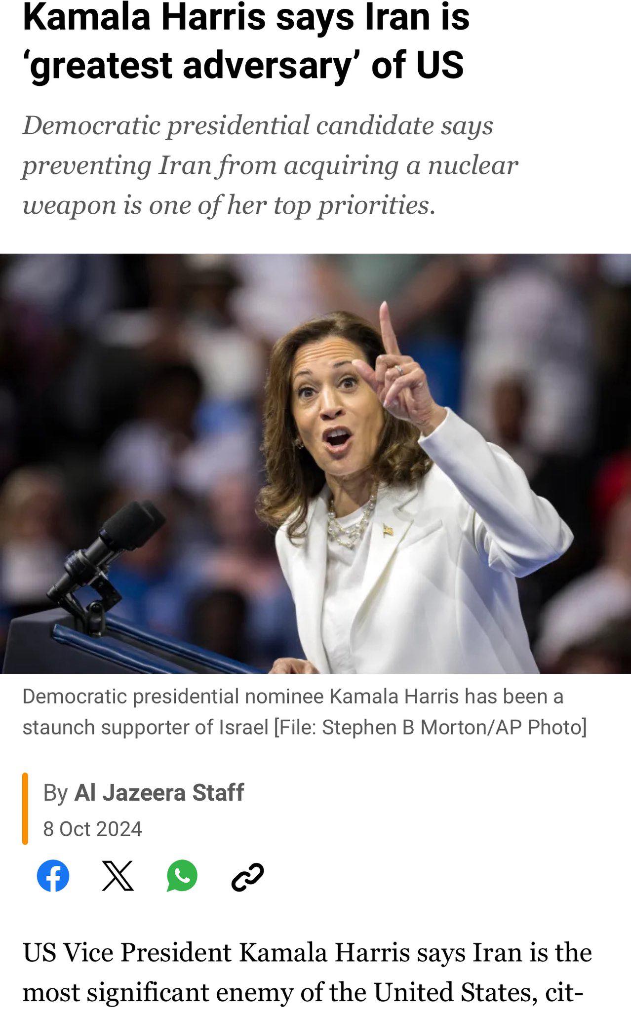 The meme is a photo of Kamala Harris with her hand raised, as if she's about to say something. The text at the top reads, "Kamala Harris says Iran is the greatest threat to the US" and the text below says, "In a statement that's sure to get her fired, she called Iran's president a 'f**king idiot'."