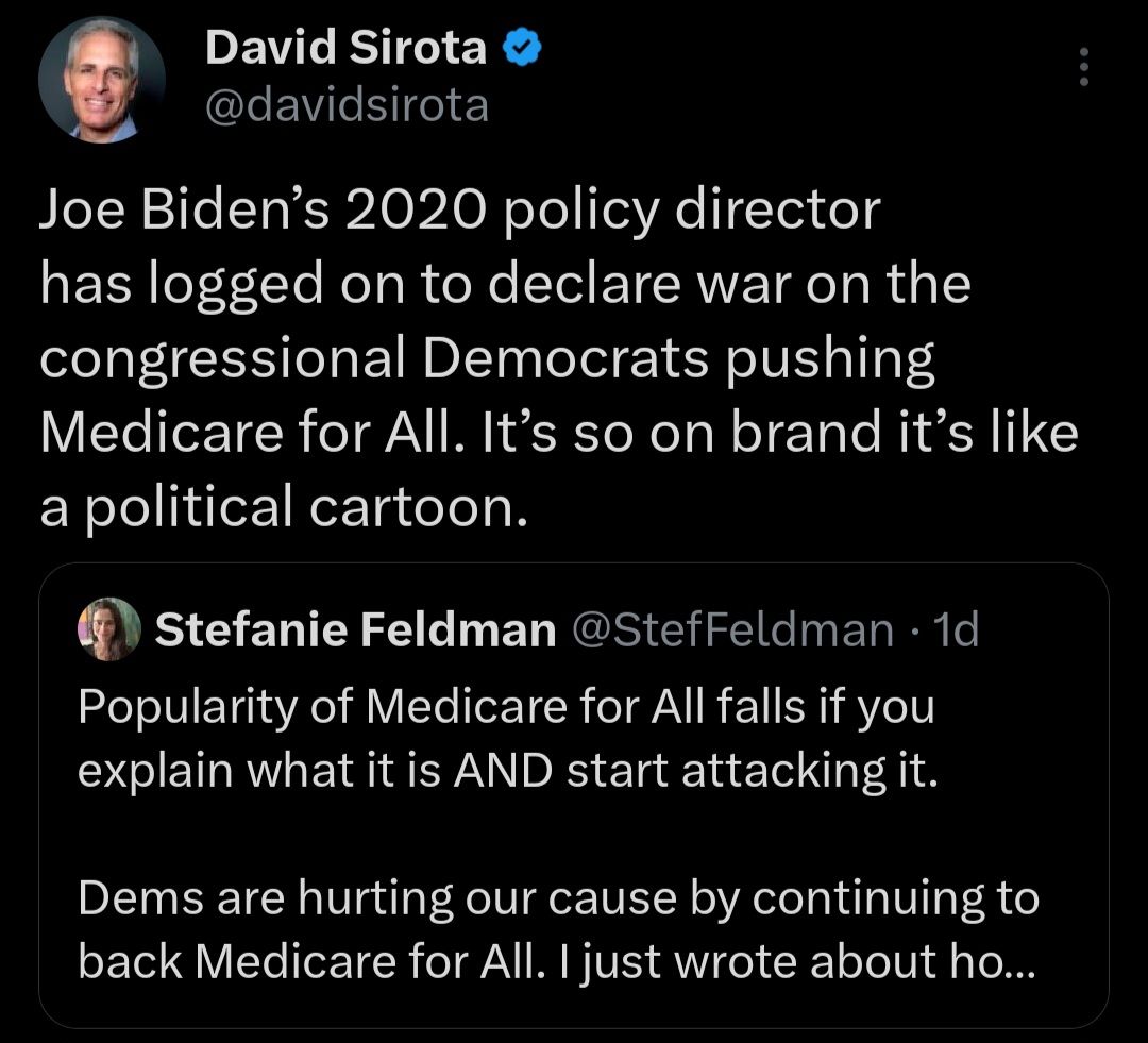The meme is a screenshot of a Twitter conversation between David Sirota, a journalist and author, and David Sirota's Twitter account, where he comments on a tweet from a user named "Stefanie Feldman" who is a former s...