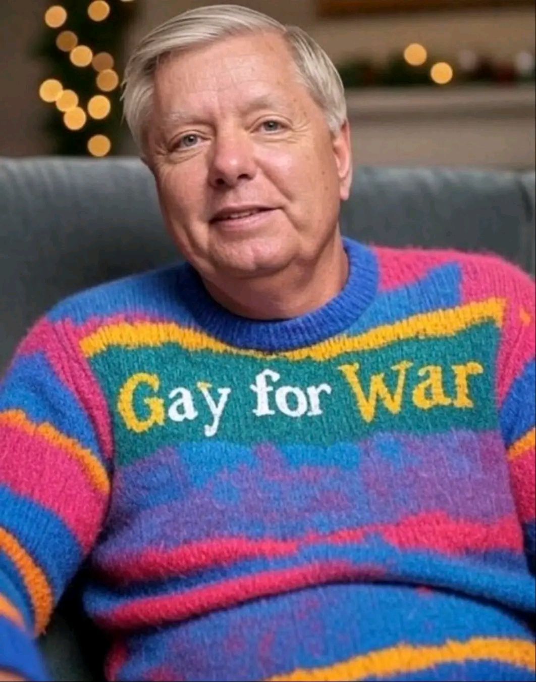 The meme features a photo of a man with a humorous, ironic, and satirical message on his sweater, which reads "Gay for War" - a phrase that seems to be a playful, tongue-in-cheek commentary on the idea of being "gay f...