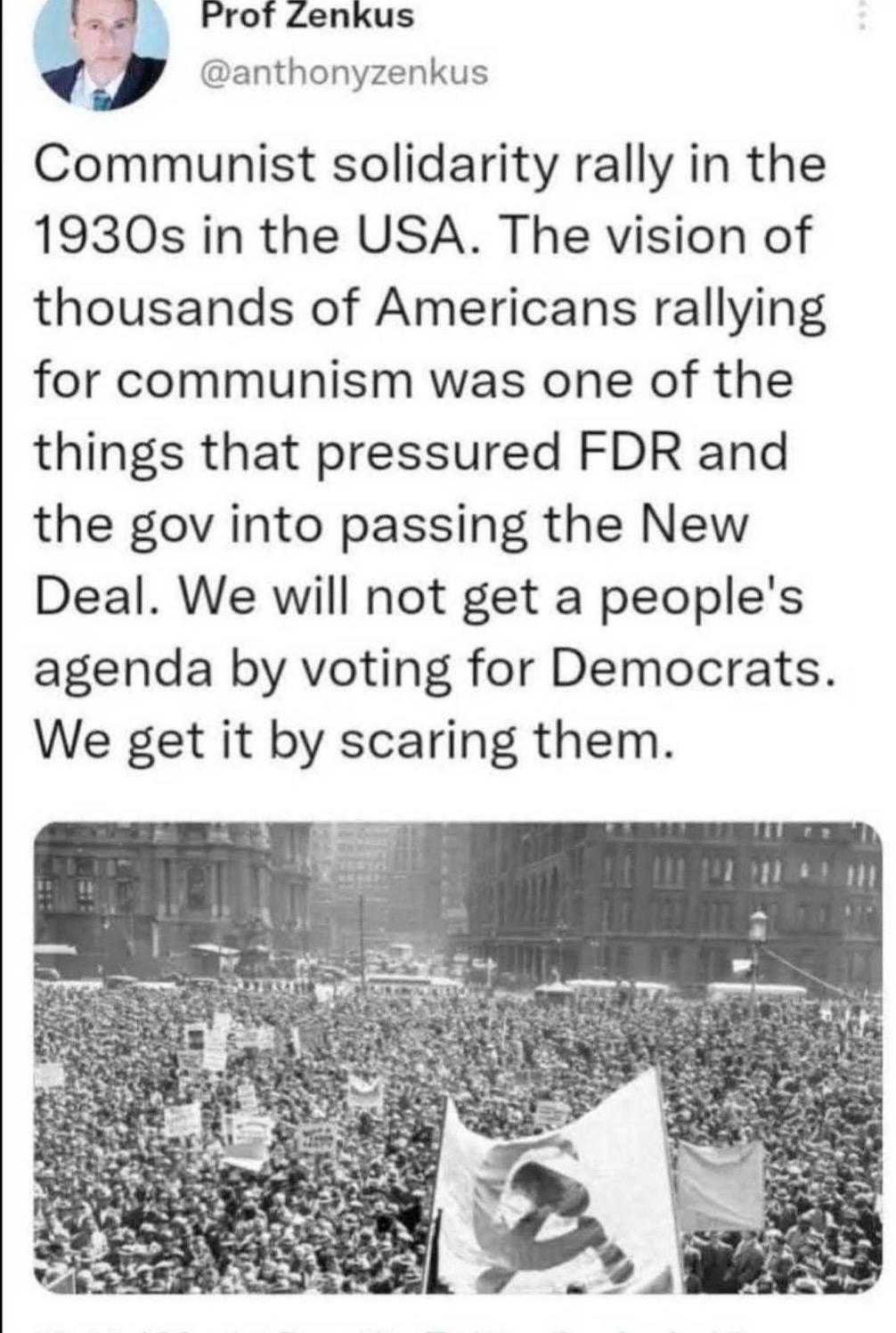 This black-and-white image depicts a massive crowd rally from the 1930s, serving as historical context for the claim that "Thousands of Americans rallying for communism" actually pressured President Franklin D. Roosev...