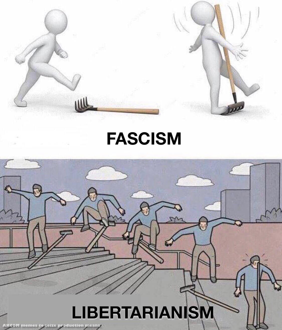 The meme is a humorous comparison between the ideologies of Fascism and Libertarianism. The image shows a person running away from a falling hammer, with the caption "Fascism" above it. Below it, the same scenario is repeated, but this time the person is skateboarding down a ramp, with the caption "Libertarianism" above it. The text at the bottom of the image reads "AMCOM memes to seize production means".