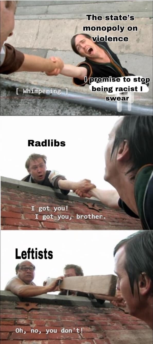 The meme is a four-panel comic strip featuring a scene from the TV show "It's Always Sunny in Philadelphia". The first panel shows a character being dragged by another character. The second panel shows the character saying "I promise to stop being racist I swear". The third panel shows the character being dragged further, with the second character saying "I got you, I got you, brother". The fourth panel shows the character being thrown over a wall. The text "The state's monopoly on violence" is written in the first panel, and "I promise to stop being racist I swear" is written in the second panel. The text "I got you, I got you, brother" is written in the third panel. The text "Leftists" is written in the fourth panel. The text "The state's monopoly on violence" is written in the first panel, and "I promise to stop being racist I swear" is written in the second panel. The text "I got you, I got you, brother" is written in the third panel. The text "Leftists" is written in the fourth panel.