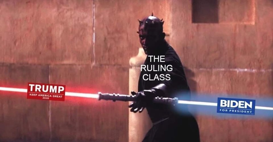 This meme is a play on the popular "Star Wars" character Darth Maul, who is known for his dual lightsabers. In the image, two versions of Darth Maul are facing off, with one wielding a red lightsaber with the text "TRUMP" and the other with a blue lightsaber with the text "BIDEN". The meme is poking fun at the 2020 US presidential election, with the two candidates' names replacing the typical "Sith" and "Jedi" labels.