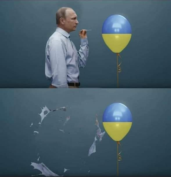 The meme depicts a scene where a man is about to destroy a Ukrainian flag balloon with a hammer, but instead of breaking it, he inadvertently creates a Ukrainian flag symbol by smashing it. The text "I was trying to d...