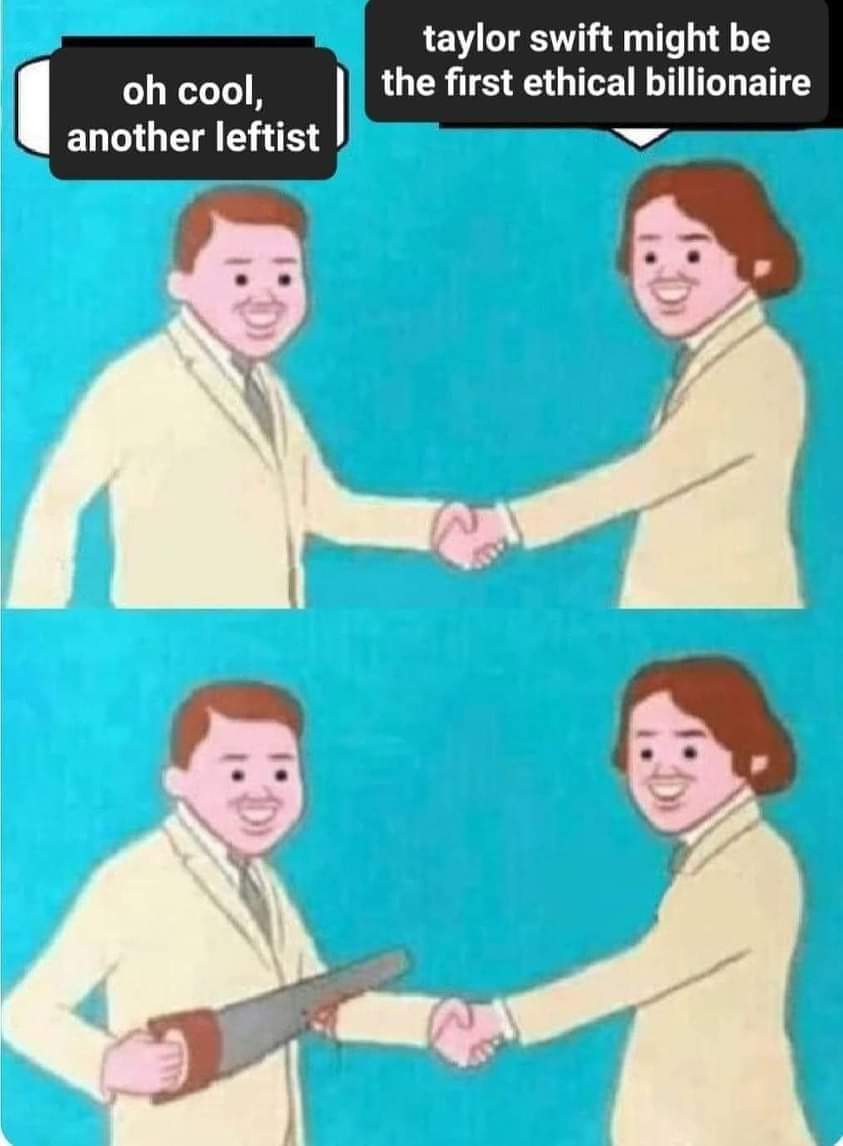 The meme depicts a conversation between two individuals, one of whom is a self-proclaimed "leftist" who is eager to meet someone with similar views. The other person, who is a "leftist" as well, is portrayed as a "tay...