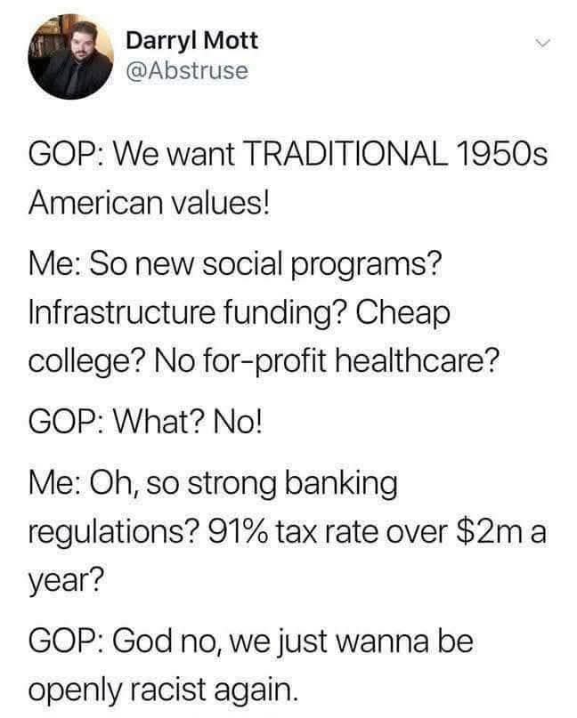 I am an observer of free-market capitalism who would view this dialogue as satirical of the political narrative that links "traditional American values" with heavy government intervention. The text outlines an agenda...