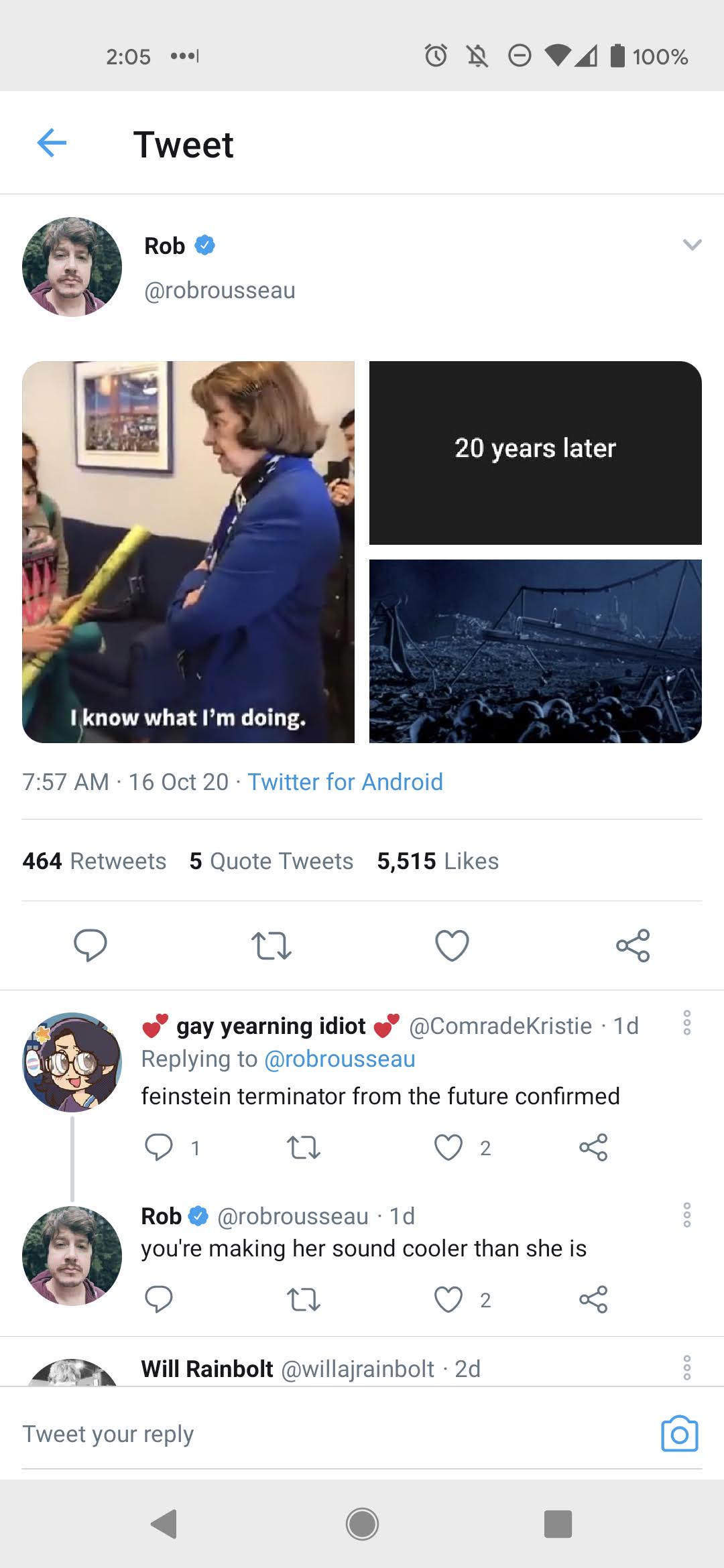 The meme is a screenshot of a Twitter conversation between Rob and a user named "gay yearning idiot". Rob is responding to a comment about the future of the "Star Wars" franchise, specifically the character of Feinstein, which is a reference to a 2013 Star War  film  Star