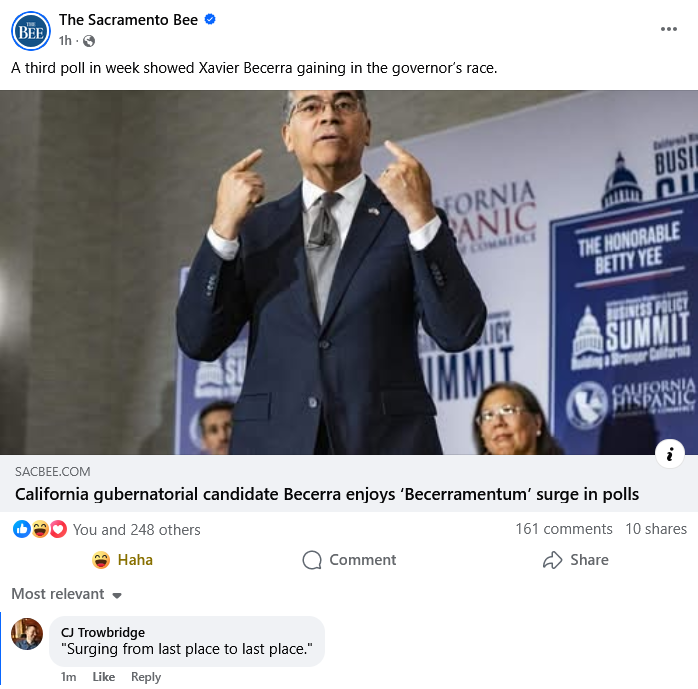 The image mocks a campaign slogan ("Becerramentum") used to describe electoral success, treating politics like a corporate product that is launched with confidence and "surging." From an anti-neoliberal perspective, t...