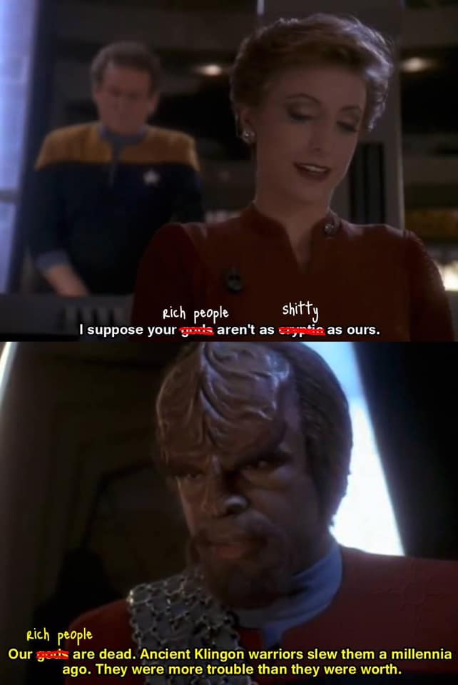 This meme is a screen capture from the TV show "Star Trek: The Next Generation" featuring a scene between a character named Captain J