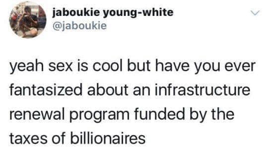 The meme is a tweet that pokes fun at the idea of a "renewal" program for infrastructure, implying that it's actually a way for the government to fund themselves. The text reads: "yeah sex is cool but have you ever fantasized about an infrastructure renewal program funded by the taxes of billionaires". It's a humorous and satirical take on the idea of using wealth to fund infrastructure.