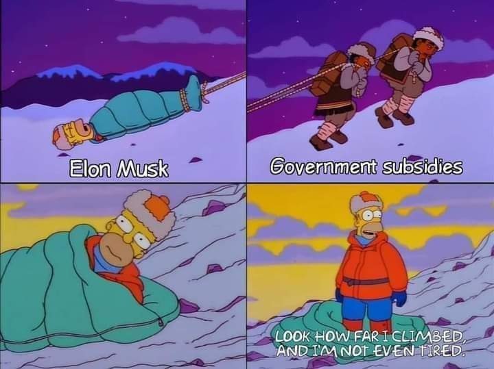 This meme is a comedic adaptation of a scene from the animated TV series "The Simpsons." In the scene, a character named Marge is forced to carry a heavy load of rocks, but the text of the meme is actually a series of statements made by various figures, including "Elon Musk," "Government," "Subsidies," and "I climbed." The text is meant to be humorous, implying that the characters are struggling to carry their loads, much like Marge.