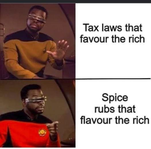 The meme is a split-screen image with two characters from the TV show Star Trek: The Next Generation. On the left, the character Data is shown with a puzzled expression, saying "Tax laws that favour the rich". On the right, the character Worf is shown with a humorous expression, saying "Spice rubs that flavour the rich". The meme is a play on words, using the phrase "flavour the rich" to mean "make the rich" instead of "add flavour to the rich".