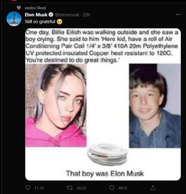 This meme is a comparison between two individuals who have been referred to as "the kid" in a particular context. The text in the image reads, "One day, Billie Eilish was walking outside and saw a boy crying. She said to him, 'Here kid, have a roll of air conditioning pair coil 1/4 x 3/8 410A 20m polyethylene UV protected insulated copper heat resistant to 120C. You're destined to do great things.'" The meme is a humorous and ironic comparison between the two individuals, with Billie Eilish and the boy being referred to as "the kid" in a humorous and ironic way.
