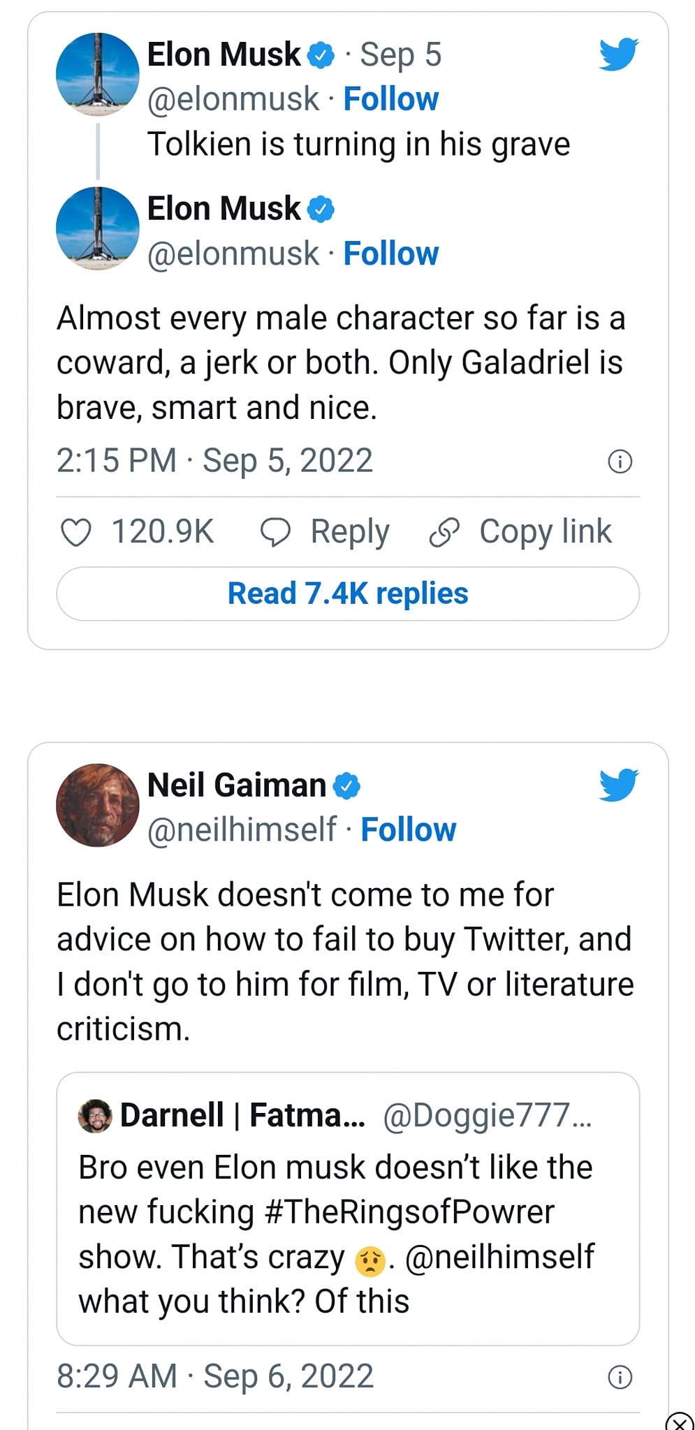 The meme is a Twitter exchange between Elon Musk and Neil Gaiman, a British author. Elon Musk tweets about Tolkien's death, referencing his grave, and Neil Gaiman responds with a witty remark about the author's death. The exchange is a lighthearted and humorous conversation between the two.