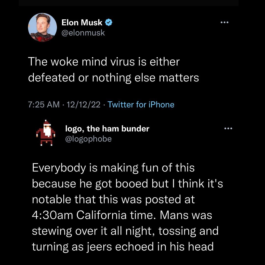 The meme is a screenshot of a Twitter conversation between Elon Musk and a user named "logo, the ham bunder." Elon Musk responds to a tweet that says, "The woke mind virus is either defeated or nothing else matters." He then responds with a tweet that says, "Everybody is making fun of this because he got booed but I think it's notable that this was posted at 4:30 AM California time. Man was stewing over it all night, tossing and turning as jeers echoed in his head."