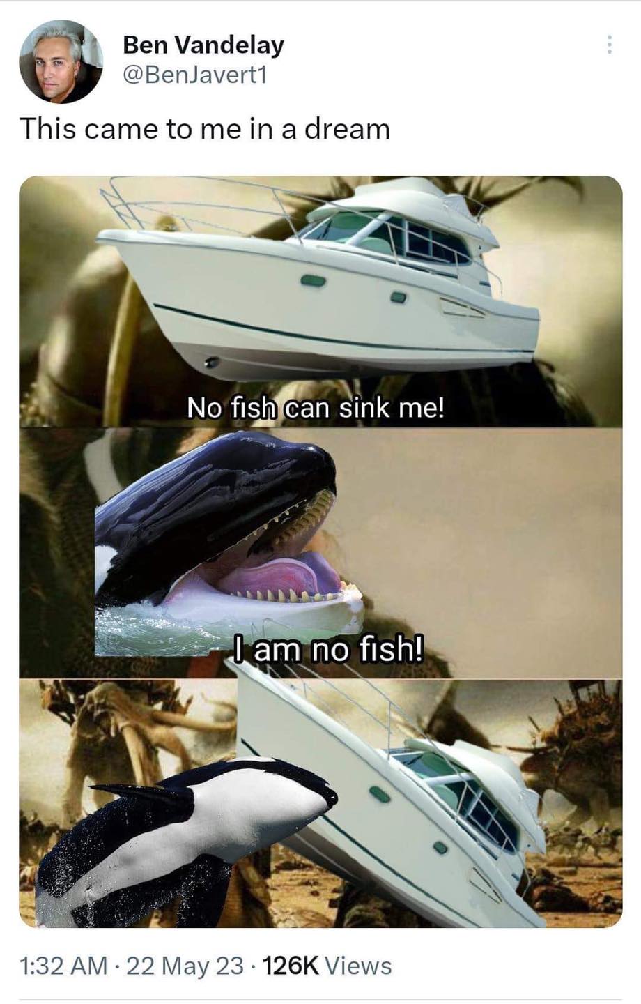 The meme is a humorous and imaginative scenario where a person imagines that a boat is being attacked by a massive, monstrous creature from their dreams. The text "This came to me in a dream" is at the top of the image, and the image itself shows a boat being attacked by a monstrous creature. The image is a humorous and imaginative take on a person's dream, with the text and image working together to create a humorous and imaginative scenario.