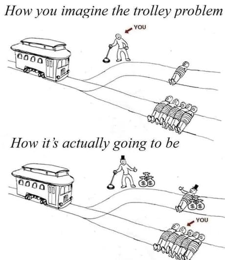 This meme is a humorous comparison between how people imagine a problem (in this case, a trolley problem) and how it actually plays out in reality. The top image shows a person imagining a trolley problem, where they would sacrifice themselves to save others. The bottom image shows the actual outcome, where the person is still alive and others are still in danger. The text reads: "How you imagine the trolley problem. How it's actually going to be."