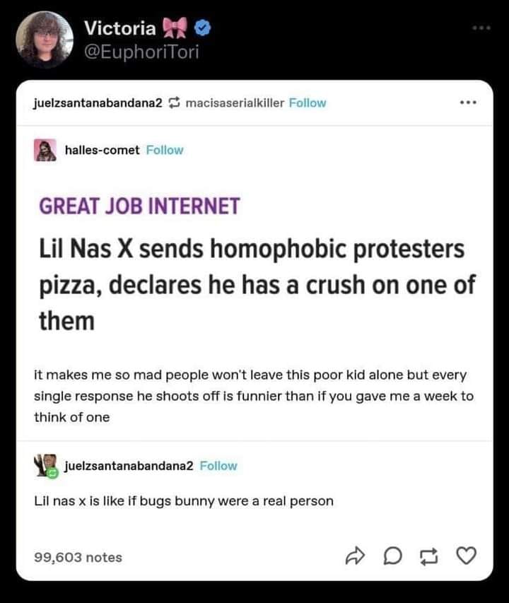 The meme is a screenshot of a tweet where a user named "juelz" shares a humorous observation about a tweet from a user named "halles-comet". The tweet states "Lil Nas X sends homophobic protesters pizza, declares he has a crush on one of them". The user "juelz" then responds with "Lil Nas X is like if Bugs Bunny was a real person".