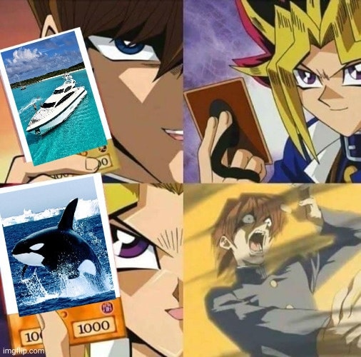 This meme is a mashup of four different images. The top-left image shows a character from the anime "Yu-Gi-Oh!" (Yami) with a shocked expression. The top-right image is a photo of a boat on the water. The bottom-left image is a photo of a whale. The bottom-right image is a character from the anime "Yu-Gi-Oh!" (Yami) with a shocked expression again. The text "1000" is overlaid on the bottom-left image.