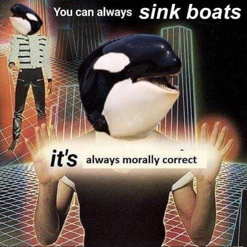 The meme features a person wearing a whale head, with a caption that reads "You can always sink boats" and "It's always morally correct". The image is likely a humorous take on the idea that someone wearing a whale head would have a unique and perhaps absurd perspective on the world. The text is likely meant to be humorous and ironic, implying that the person wearing the whale head is not only able to sink boats, but also has a moral code that is always "correct".