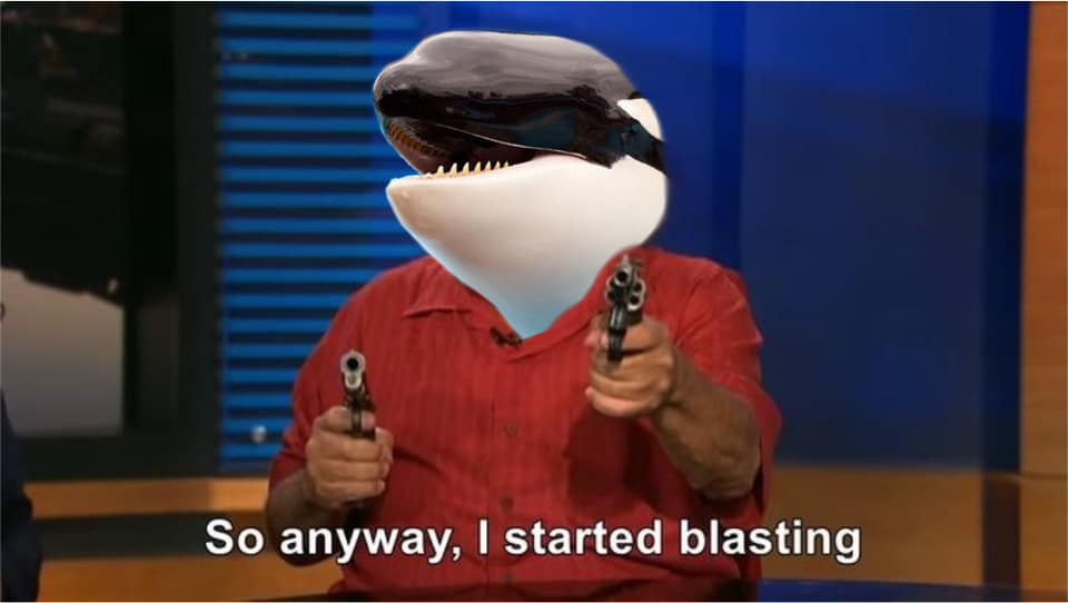 This meme is a humorous image of a person with a shark-like head, holding a gun and saying "So anyway, I started..." but instead of finishing the sentence, they blurt out "I'M GOING TO BLAST THIS PLACE TO SMITHE!" The image is a comedic take on a popular meme format, where the person's initial statement is interrupted by a sudden and violent outburst.