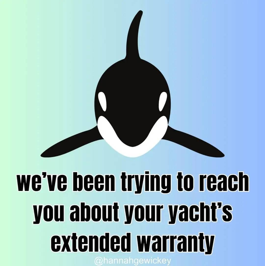 This meme is a humorous response to an email or message from a company or service provider. The text "We've been trying to reach you about your yacht's extended warranty" is a deadpan joke, implying that the person has a yacht and is therefore not a typical customer. The image of an orca, a type of whale, is used to add a playful and unexpected twist to the message.