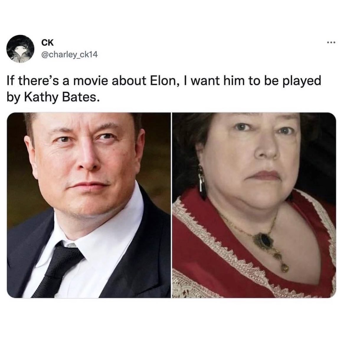 This meme is a humorous comparison between Elon Musk and Kathy Bates, an actress known for her role as a character with a strong, eccentric personality. The text above the images reads, "If there's a movie about Elon, I want him to be played by Kathy Bates." The implication is that if a movie about Elon's life were to be made, it would be better suited to be played by a more eccentric and dramatic actress like Kathy Bates, rather than someone like a more serious and straightforward actor.