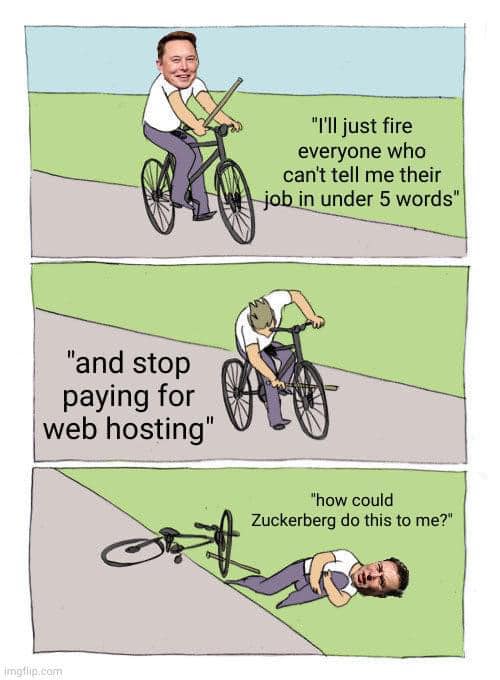 The meme features a comic strip with three panels. In the first panel, a person is shown riding a bike and saying "I'll just fire everyone who can't tell me their job in under 5 words." In the second panel, the person is shown crashing to the ground and saying "and stop paying for web hosting." In the third panel, the person is shown lying on the ground and saying "how could Zuckerberg do this to me?" The meme is humorous because it exaggerates the idea that a person can be fired for not being able to quickly explain their job, and the punchline is a play on the idea that the person is now blaming a famous person (Zuckerberg) for their situation.