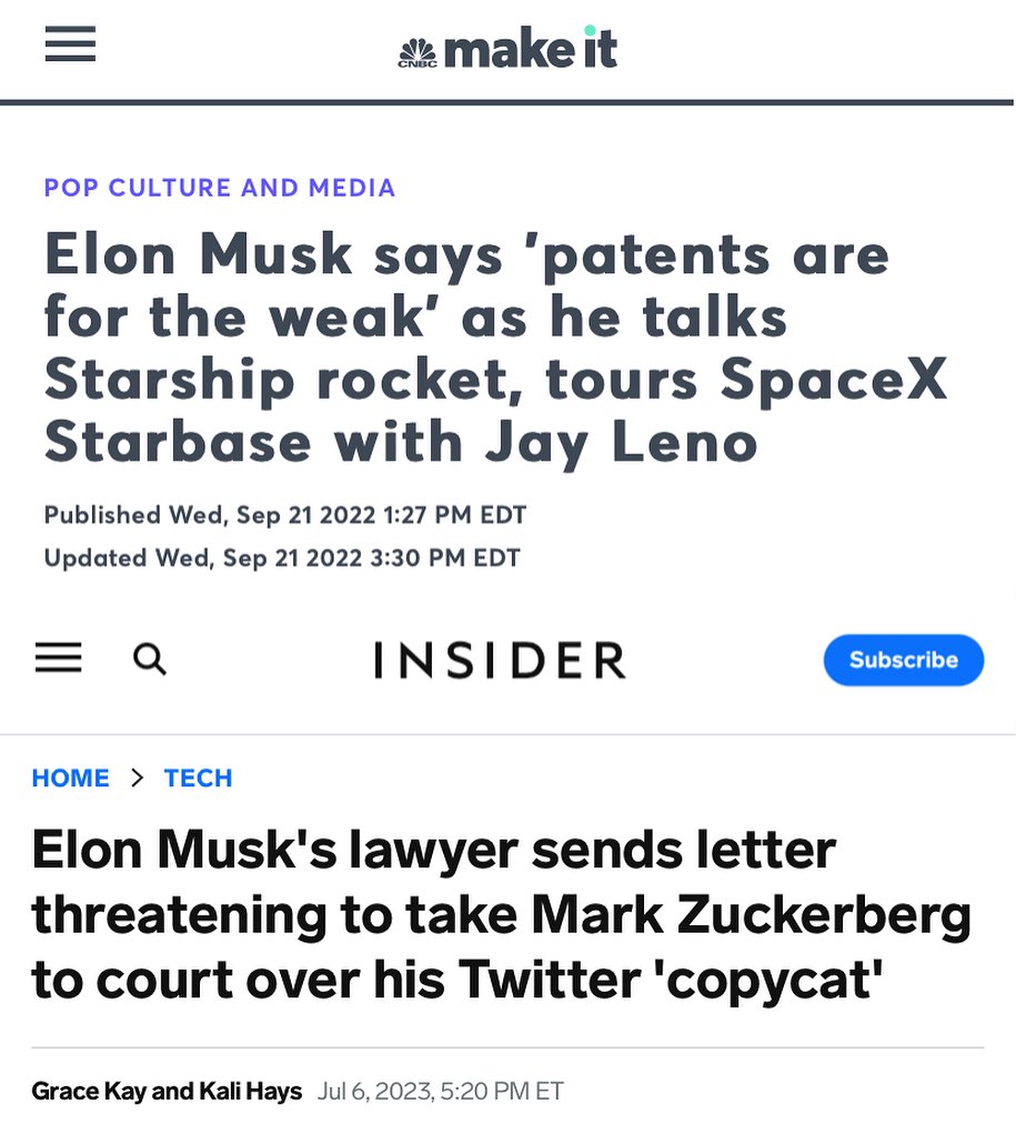 The meme is a screenshot of a news article from CNBC's "Make It" section, featuring a headline that reads "Elon Musk says 'patents are for the weak' as he talks Starship, SpaceX, and Twitter". The article is accompanied by a subheading that states "Elon Musk's lawyer sends a warning to Mark Zuckerberg over a Twitter 'copycat'". The article discusses Elon Musk's recent statements and his lawyer's letter to Mark Zuckerberg, highlighting the tension between the two tech giants.