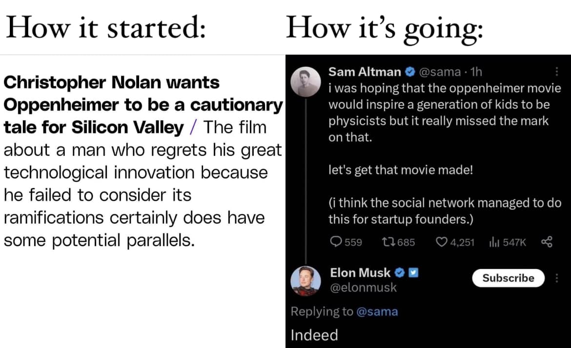 This meme is a humorous comparison between a 2012 article about the movie "Oppenheimer" and a 2023 tweet about the same movie. The article states that Christopher Nolan's "Oppenheimer" film would be a "cautionary tale" for Silicon Valley, implying that the film's themes would be relevant to the tech industry. The tweet, on the other hand, jokes that the film's themes would inspire a generation of kids to become physicists, but it actually missed the mark on that. The meme is a play on the idea that the article's prediction of the film's themes being relevant to the tech industry was actually incorrect, and the tweet is a humorous commentary on that.